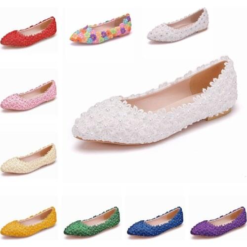 Crystal Queen White Lace Flats Wedding Bridal Shoes Handmade Shoes For Pregnant Women Bridesmaid Party Dancing Shoes