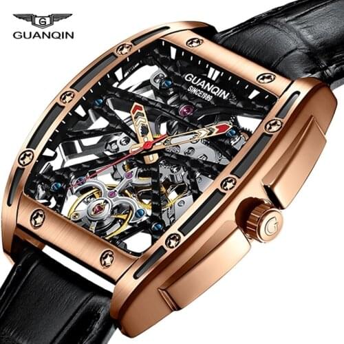 GUANQIN Luxury Mens Mechanical Watches Genuine Leather Strap Waterproof Automatic Watches Luminous Hollow Tonneau Shape Clock