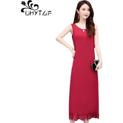 UHYTGF Suspenders long dress womens fashion sleeveless vest Gauze thin sexy dress Solid color sweet elegant Female dress 5XL1576