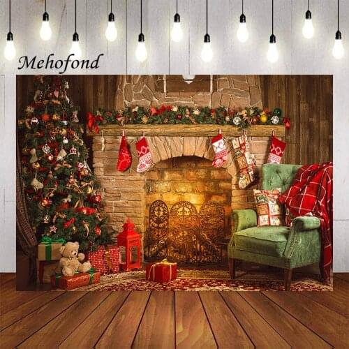 Mehofond Photography Background Christmas Vintage Fireplace Tree Gifts Sock Wood Room Kids Family Portrait Backdrop Photo Studio