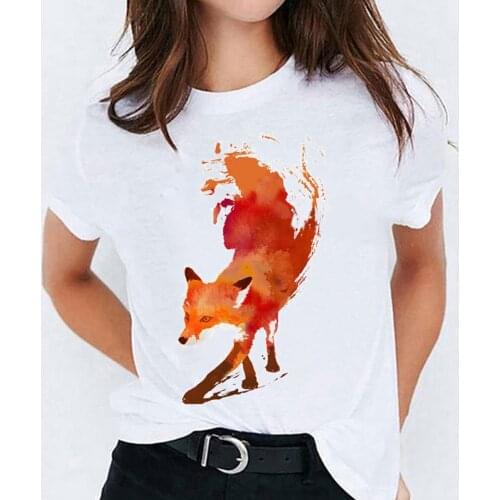 Graphic Tshirt Women 2021 Solid Color Womens T-shirts Fox Pattern Printed Summer Top Tee Round Neck Short Sleeve Casual T-shirt