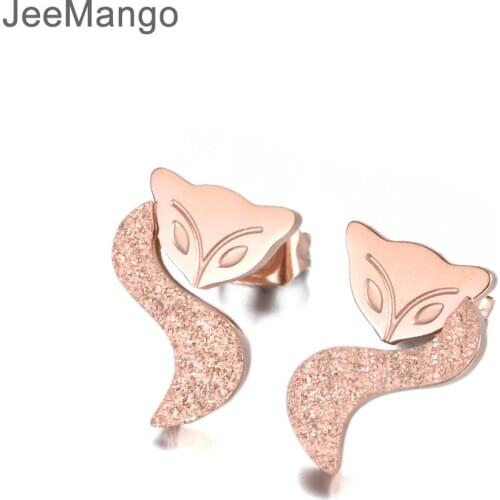 JeeMango Fashion Jewelry Animal Element Fox Shape Stud Earring Rose Gold Color Stainless Steel Earrings Best Gift E18486