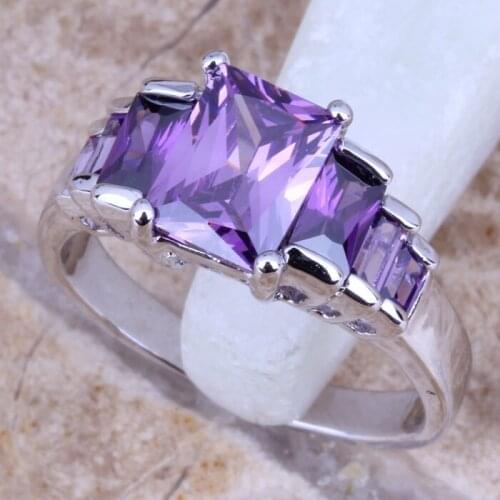 Royal Rectangle Purple Cubic Zirconia Silver Plated Womens Jewelry Ring Size 6 / 7 / 8 / 9 R0514