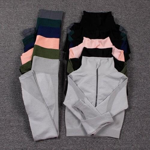 Women Yoga Set Seamless Gym Clothing Fitness Suit Female Running Workout Clothes Zipper Long Sleeve Crop Top High Waist Pants