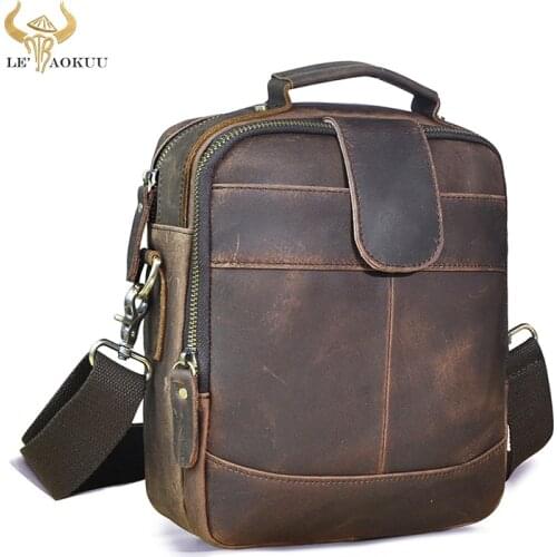 Crazy Horse Leather Male Retro Casual Tote Designer 9.8" Satchel Cross-body Messenger Shoulder School Bag Mochila Men 111-2