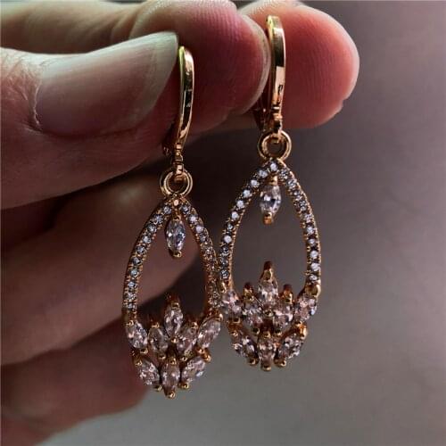 Cute Female Crystal White Red Stone Earrings Luxury Fashion Small Rose Gold Leaves Earrings Vintage Hoop Earrings For Women