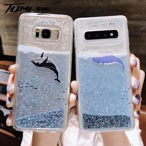 Cartoon Dolphin Shark Liquid Case for Samsung A50 A30 A10 M20 M10 J3 J4 J6 J8 A6 A7 A8 A9 2018 S10 Lite S9 S8 Plus S7 Edge