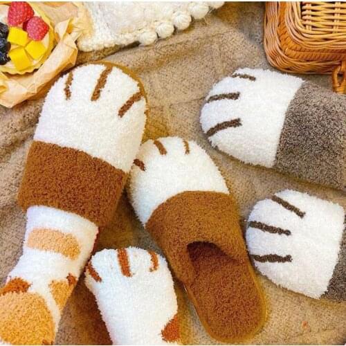 Autumn Winter Indoor Ladies Cotton Shoe Cute Cartoon Cat Paw Men Women Furry Plus Velvet Warm Soft Bottom Female Slippers