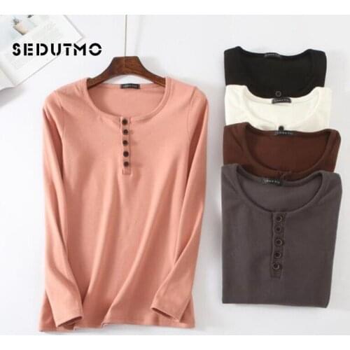 SEDUTMO Autumn T Shirt Women Oversize Harajuku Long Sleeve Tops Thick Black Casual Black Shirts Cotton Black Tee ED592