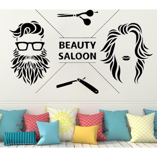 Barbershop Logo Wall Sticker Man Hair Cut Tools Decal Vinyl Stylist Hairdresser Man and women Face Salon Window Decal HY365