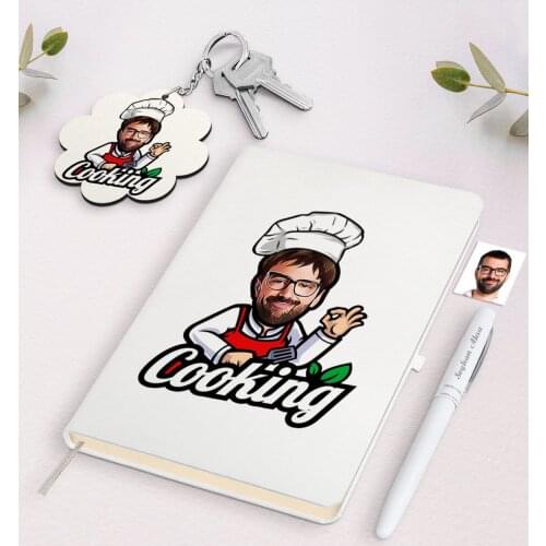 Personalized Men 'S Chef Caricature Of White Notebook pen And Keychain Gift Seti-14 Reliable Quality Gift Casual design