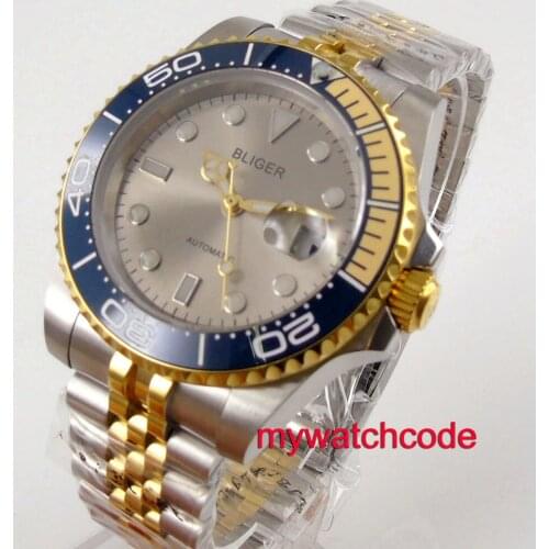 40mm Bliger silver dial date window magnifier golden bezel 316L stainless steel band automatic movement luxury mens watch