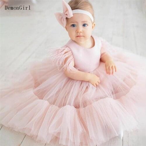 Pink Baby First Birthday Dress Pleat Rufflers Puffy Tulle Little Princess Birthday Party Gown Christening Dress