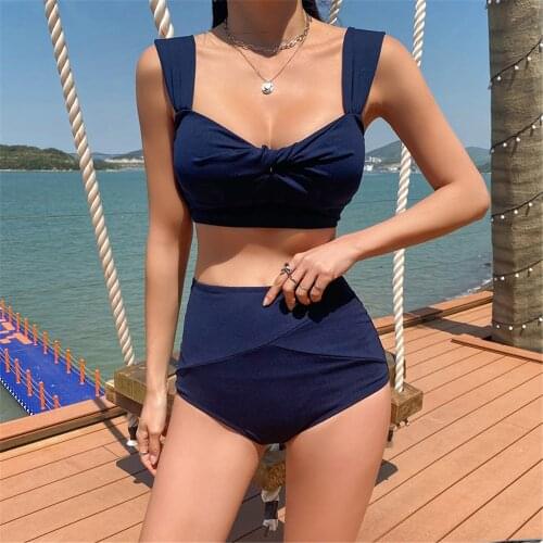 Sexy High Waist Bikini Women Solid Swimwear Bow Biquini Push Up Swimsuit Pleated Bikinis Blue Pad Bathing Suit Korea Style Wrap