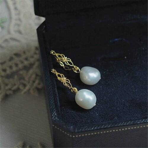 Natural Nucleated Flameball Baroque Pearl 925 Silver Stud Earrings For Women Engagement Dual Use Gold Color Lace Stud Earrings