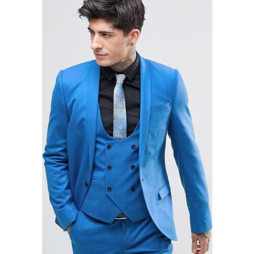 Blue Groom Tuxedos Groomsmen One Button Shawl Collar Best Man Suit Wedding Mens Blazer Suits Custom Made(Jacket+Pants+Vest+Tie)