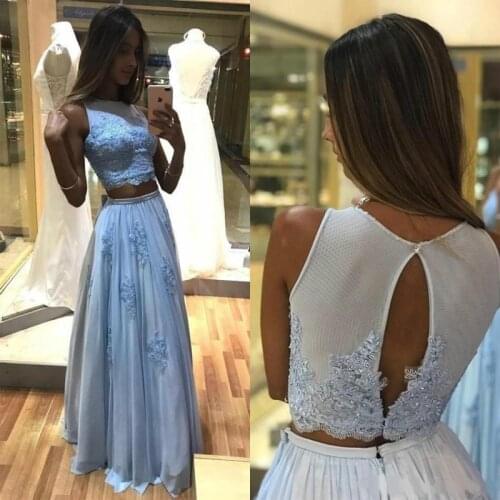 Modern 2020 Two Piece Prom Dresses Tulle Lace Appliques Beaded A Line Formal Dress Evening Long Party Gowns