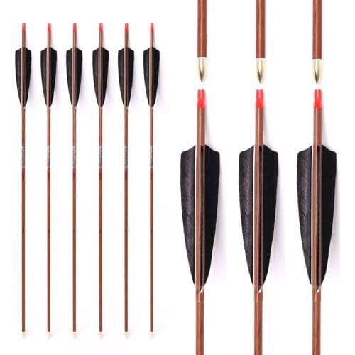 6/12pcs 33inch Pure Carbon Arrows Wood Skin Spine 400 450 500 600 700 With 5" Real Feather for Longbow Recurve Bow Hunting