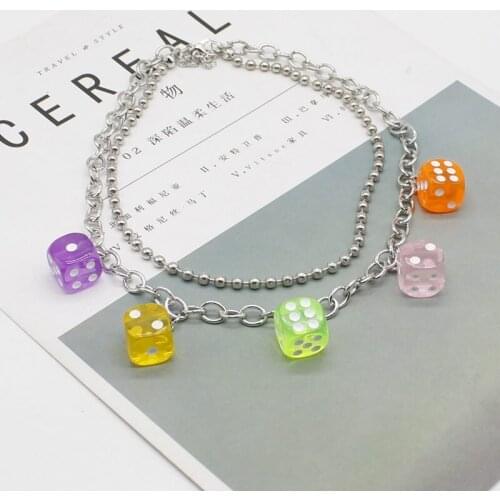 Hip Hop Rock Multicolor Resin Dice Pendant Multilayer Clavicle Necklace Girl Daily Jewelry Party DIY Handmade Gift