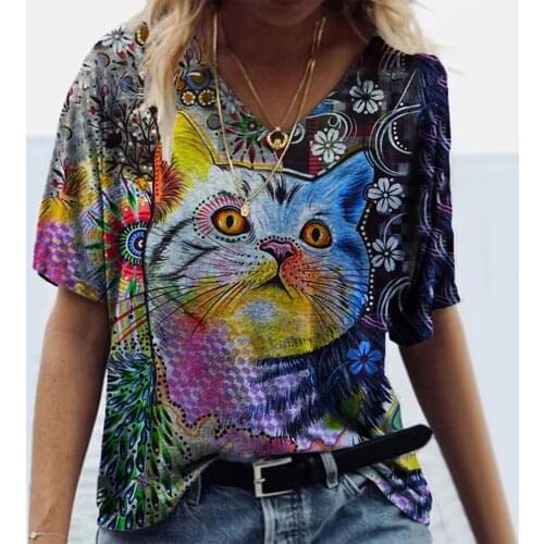 40# Plus Size T-shirts Women Harajuku Animal Print Tee Top Summer Short Sleeve V-neck Casual Streetware T-shirt Женские Футболки