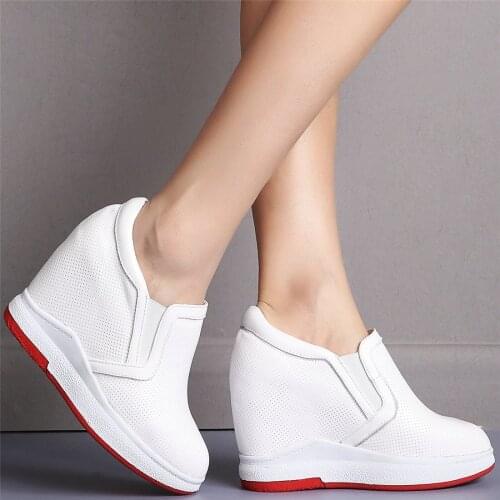 Wedges Creepers Women Genuine Leather High Heel Platform Pumps Shoes Female Breathable Round Toe Fashion Sneakers Casual Shoes
