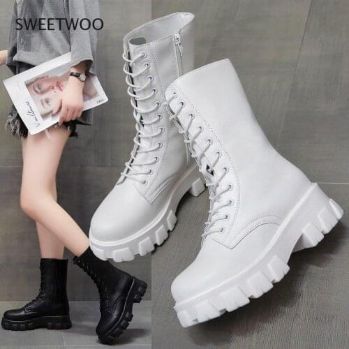 Fashion Boots Female Lace-up Chunky Heels Platform Mid-calf Womens Shoes 2021 Pu Leather Zipper Ladies Shoes Autumn Footwear