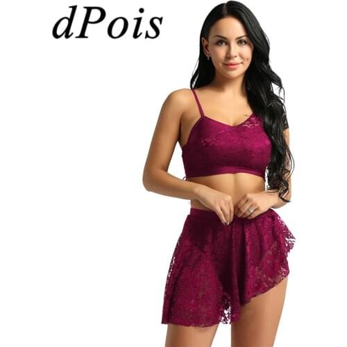 2 Pcs Womens Adult Lace Overlay Asymmetric Lyrical Dance Outfits Dacnewear Crop Top with Short Skirt Performance Dance Costume
