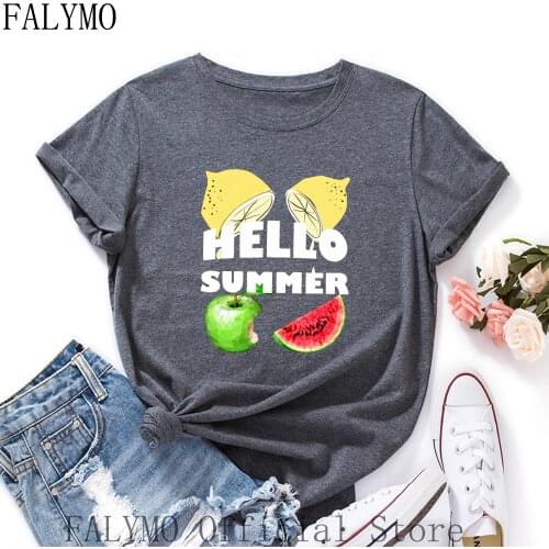 Hello Summer Fruits Lemon Shirts Women Short Sleeve O-neck 100% Cotton Summer Tops Graphic T-shirts Female Clothes Top Tee Shirt