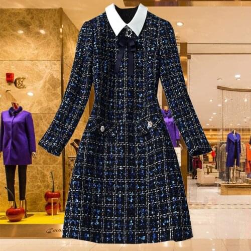 Vestidos Autumn Winter Diamonds Bow Tie Turn Down Collar Tweed Dress Runway Women Plaid Beaded Tassel Woolen A Line Dress
