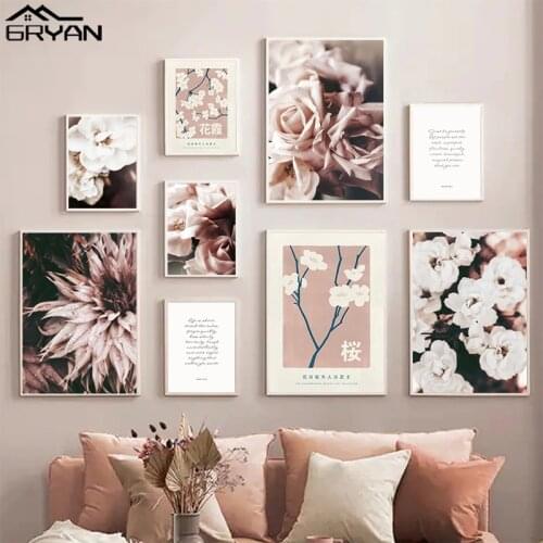 Abstract Cherry Blossoms Wall Art Peony Flower Picture Rose Canvas Print Painting Nordic Poster Romantic Artsy Living Room Decor
