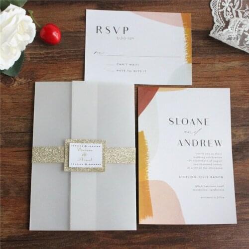 Vellum invitation wedding cards transparent pocket fold post card gift card glittery gold belly band 50 sets