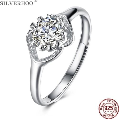 SILVERHOO 925 Sterling Silver Rings For Women Inlay 5A Clear Cubic Zircon Adjustable Ring Party Simple Gift Jewelry New Arrival