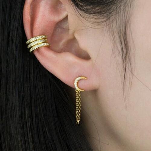 Minimalist 925 Sterling Silver rainbow cz moon Snake pearl beaded Chain Stud Earrings for Women Tassel Earrings Fashion Jewelry