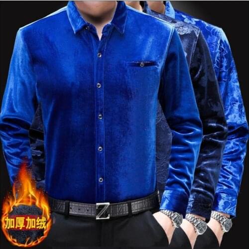 M-3xl Winter New Mens Casual Plus Velvet Thicken Shirt Middle-aged Warm Gold Velvet Flower Tide Cotton Linen Business Shirts
