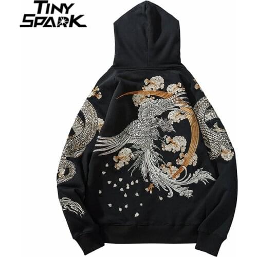 Mens Hip Hop Streetwear Hoodie Chinese Style Dragon Phoenix Embroidery Pullover 2021 New Autumn Cotton Fleece Floral Sweatshirt