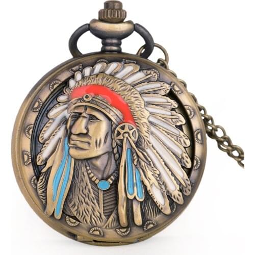 New Style Ancient Indian Old Man Colorful Portrait Design Quartz Fob Pocket Watch Bronze Pendant Necklace Chain Souvenir Gifts