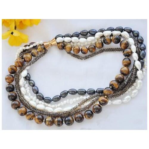 Wholesale Handwork Pearl Jewellery,6Rows 20inches White Black Pearl Smoky Quar-tz,Tigers Eye Necklace