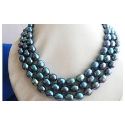 3Strands 18'' 10MMX13MM Black Rice Freshwater Pearl Necklace