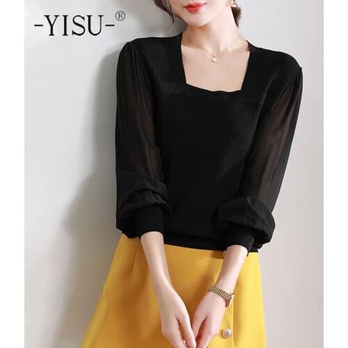 YISU Spring Casual Women Sweater All-match Square collar Spring tops 2021 New Jumper Female Transparent sleeve Knitted pullover