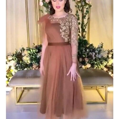 Pink prom dresses 2020 crew neck pleats lace appliques beading sequins a line tulle tea length evening dresses