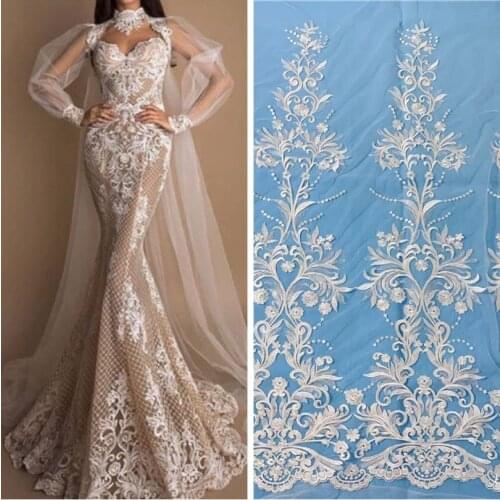 2019 Best Selling Off White130 cm high quality exquisite bridal wedding dress lace fabric gorgeous mesh tulle embroidery lace