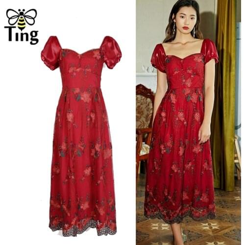 Tingfly Luxury Vintage Flower Embroidery Red Midi Party Dinner Night Dresses Summer Puff Sleeve Elegant Soft Girl Dress Eblise Z