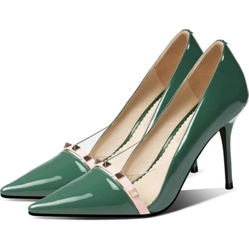 Patent Leather Sexy Heels Shoes Pointed Toe Rivet Super High Heels Green Pumps Women Dress Shoes Stilettos Fashion Women Shoes