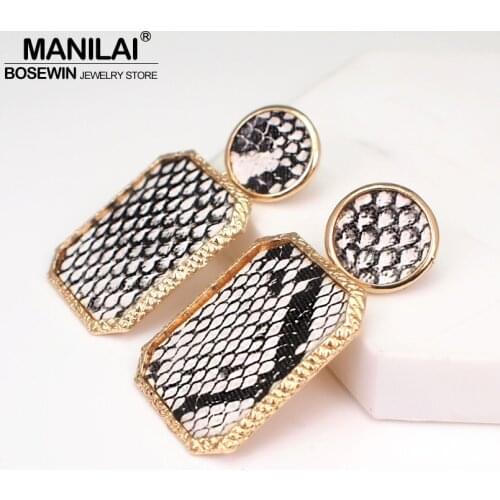 MANILAI ZA Vintage Leather Earrings For Women Geometric Snake Skin Print Dangle Earring Jewelry Female Metal Pendant Earrings