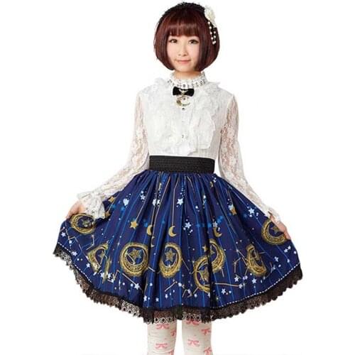 Sweet Blue star and moon Printed Lolita Skirt Polyester Lace trim mori girls japanese elastic skirt for summer