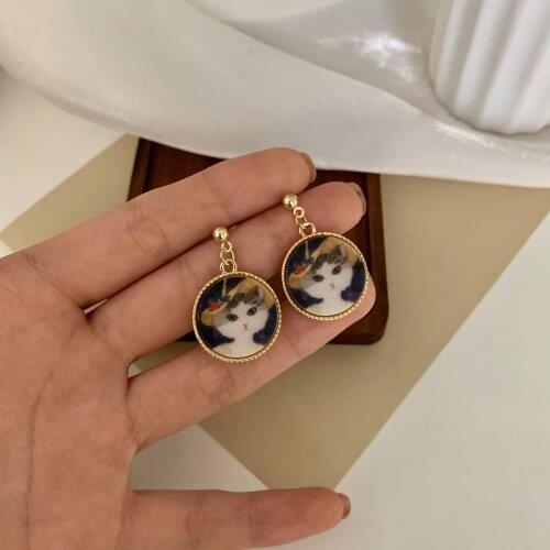 South Koreas New Cute Cat Earrings Cartoon Oil Painting Animal Ear Stud With Hats Ear Clips Women Jewelry