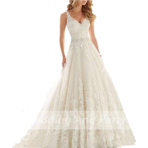Womens luxury V neck sleeveless A line bridal gown lace up wedding dresses luxury bridal wedding dress with 50cm train