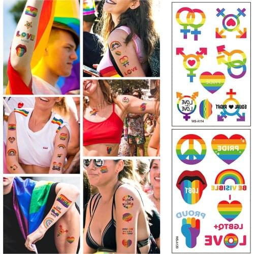 10pcs Face Stickers Rainbow Temporary Waterproof Tattoos Gay Pride Day Rainbows, Roses, Flags, Lips, Love Hearts Tattoo Paper