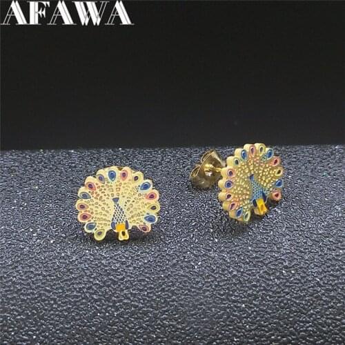 2021 Colorful Enamel Stainless Steel Peacock Stud Earings for Women Gold Color Earrings Jewelry boucle doreille femme E9514S01