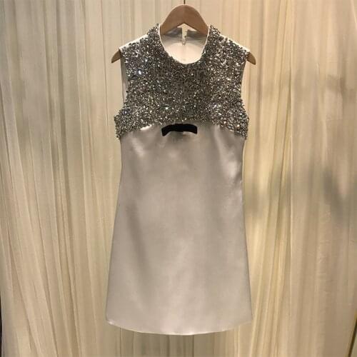 2021 Spring Summer Women Dress Satin Mini A-Line Sleeveless Diamonds Beading Rhinestone Party Club Vintage Robes Vestidos Korean